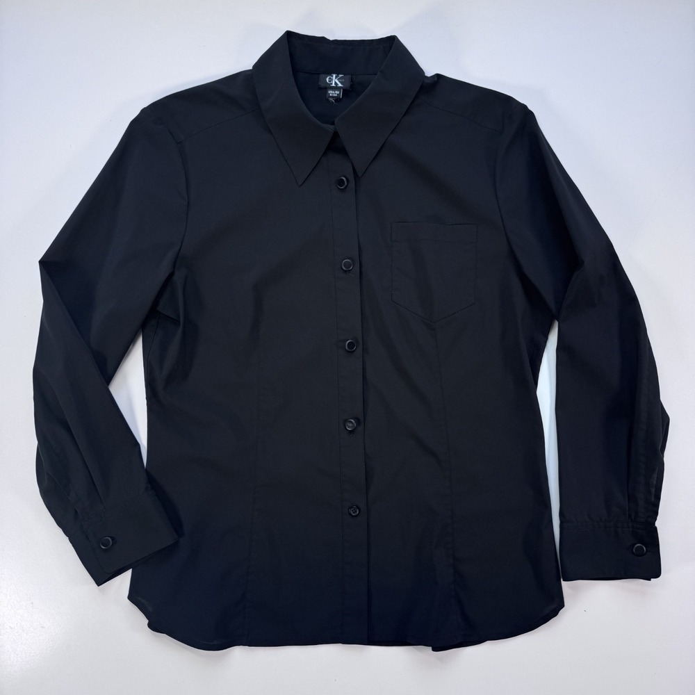 CK Calvin Klein Button Down Blouse Top Womens 8 Shirt Black Lightweight